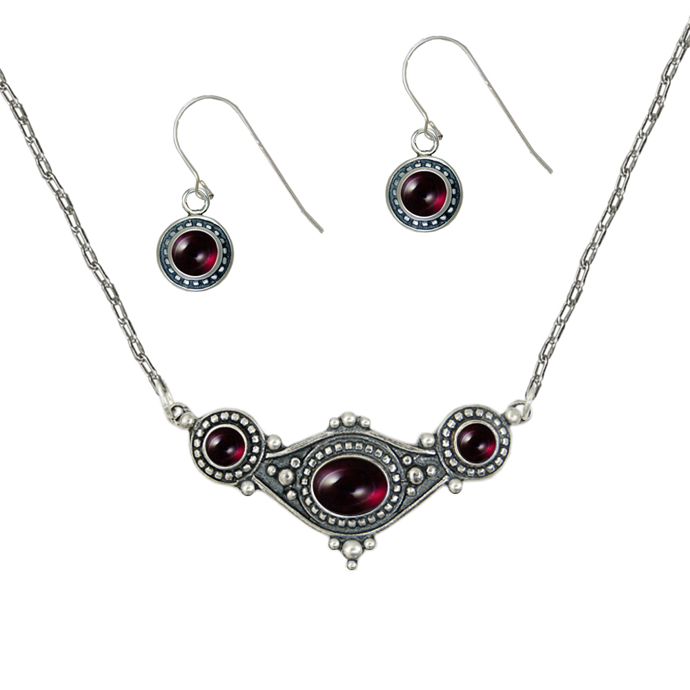 Sterling Silver Designer Necklace Earrings Set in Garnet